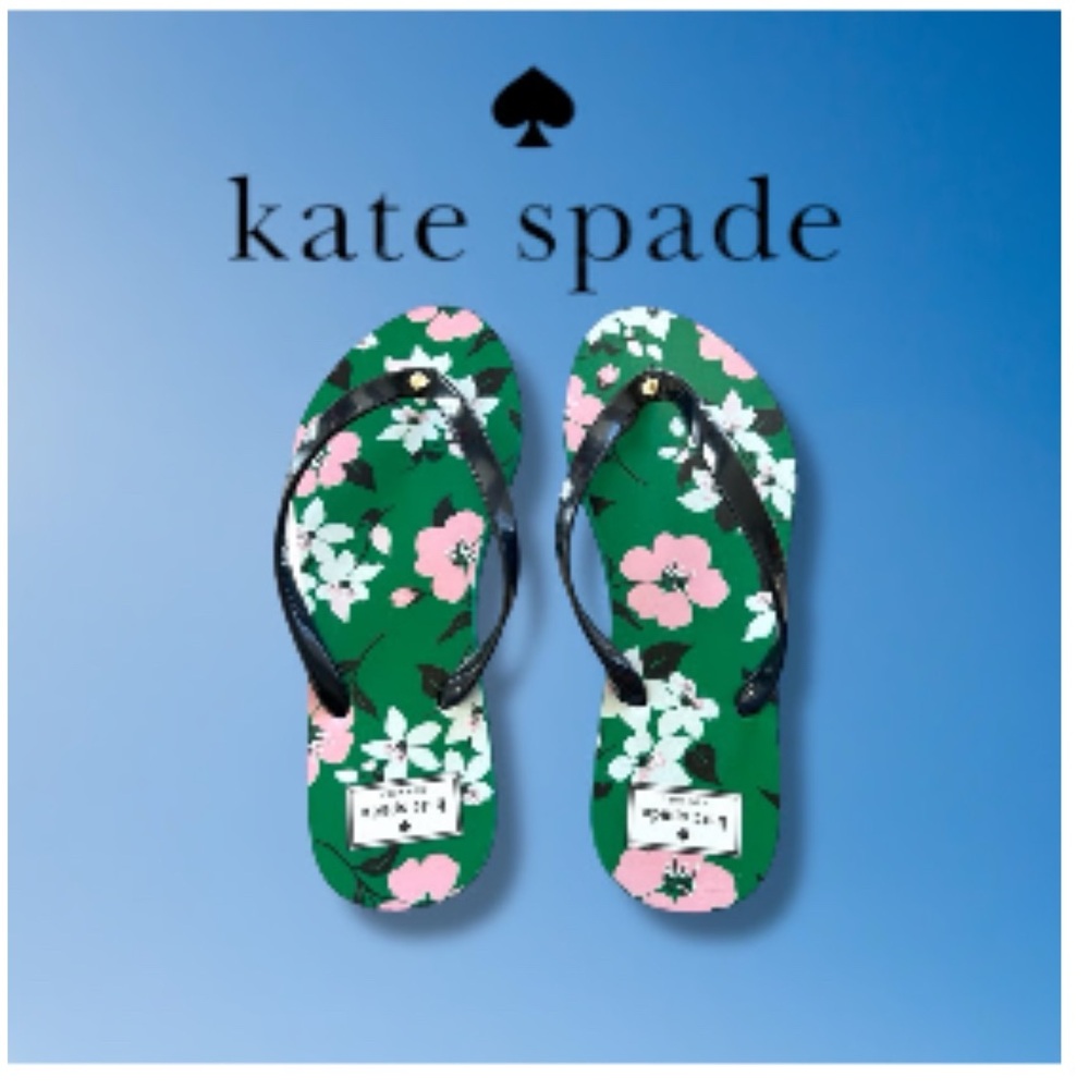 NEW Kate Spade Green Floral Flip Flops with Navy Straps size‎ 11 - Picture 2 of 2